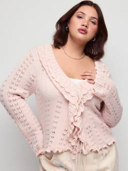 Cider - Knit Ruffle Women's Hollow Out Tie-Up Cardigan Peach Pink