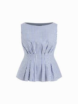 Cider - Cotton Blend Women Striped Boat Neck Pleated Peplum Tank Top Blue