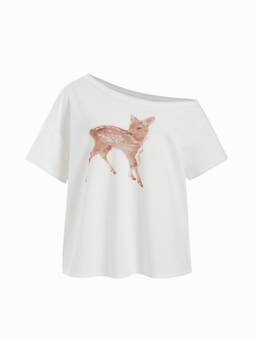 Cider - Cotton Blend Women's Deer Graphic Asymmetrical Neck T-Shirt Cream