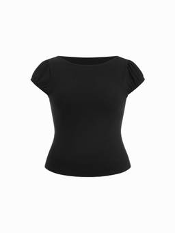 Cider - Cotton Blend Women’s Boat Neck Puff Sleeve Crop Top Black