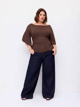 Cider - Mid-length Women Ruched Boat Neck Bell Sleeve Top Brown