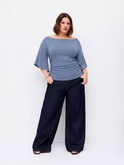 Cider - Curve & Plus Women Ruched Boat Neck Bell Sleeve Top Blue