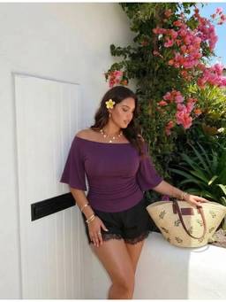 Cider - Ruched Women’s Boat Neck Bell Sleeve Top Purple