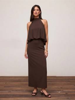 Cider - Draped Ruched Women's Halter Neck Straight Maxi Dress Brown