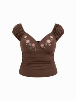 Cider - Cotton Blend Women Floral Embroidered Ruched Puff Sleeve Top Brown