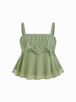 Cider - Chiffon Lace Women’s Shirred Strapless Crop Top Matcha Green