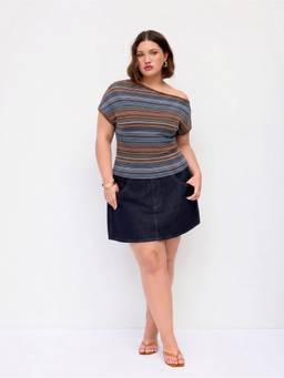 Cider - Women's Striped Asymmetrical Neck Short Sleeve Top Blue