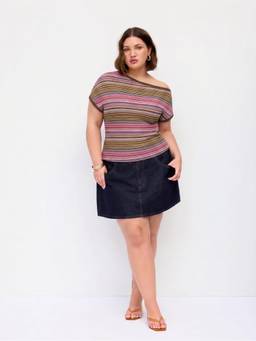 Cider - Striped Women Asymmetrical Neck Short Sleeve Top Pink