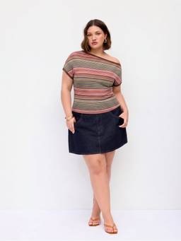 Cider - Striped Women's Asymmetrical Neck Short Sleeve Top Red