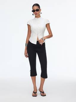Cider - Mandarin Collar Women's Frog Button Cap Sleeve Blouse White