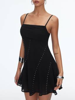 Cider - Chiffon Women's Rhinestone Square Neck A-Line Mini Dress Black