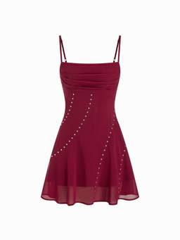 Cider - Chiffon Women's Square Neck Rhinestone A-Line Mini Dress Burgundy