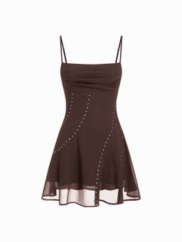 Cider - Chiffon Women's Rhinestone Square Neck A-Line Mini Dress Brown
