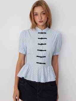 Cider - Striped Women's Stand Collar Puff Sleeve Peplum Blouse Blue