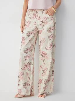 Cider - Cotton Blend Women Mid-Waist Floral Wide-Leg Trousers Beige
