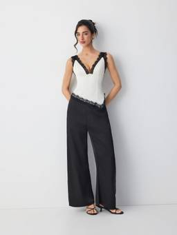 Cider - Satin Women's V-Neck Lace Hanky Hem Pant Set Black & White