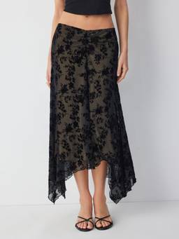 Cider - Mesh Women's Floral Mid-Rise Hanky Hem Midi Skirt Black