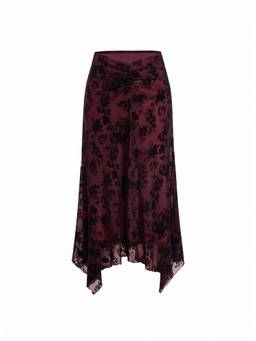 Cider - Mesh Floral Women Mid-Rise Hanky Hem A-Line Midi Skirt Wine