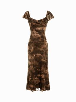 Cider - Mesh Flocking Women's Floral Square Neck Ruffled Maxi Dress Brown