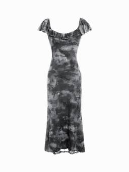 Cider - Mesh Flocking Women's Floral Square Neck Ruffled Maxi Dress Grey