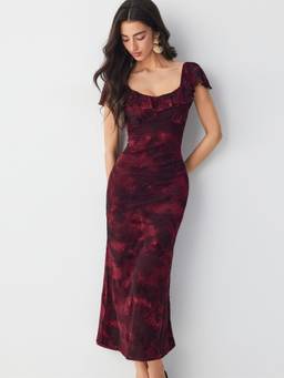 Cider - Mesh Flocking Women's Floral Square Neck Ruffled Maxi Dress Wine