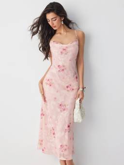 Cider - Floral Women's Cowl Neck Lace-Up Corset Mermaid Maxi Dress Pink