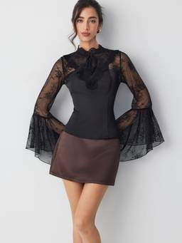Cider - Satin Lace Women’s Flared Sleeve Mandarin Neck Top Black