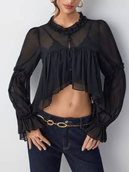 Cider - Chiffon Women's Ruffled Full Sleeve Crop Blouse Black