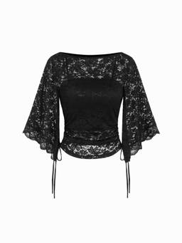 Cider - Lace Women's Boat Neck Bell Sleeve Drawstring Top Black