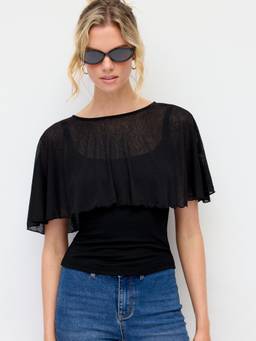 Cider - See-Through Women's Ruffled Cape Poncho Top Black
