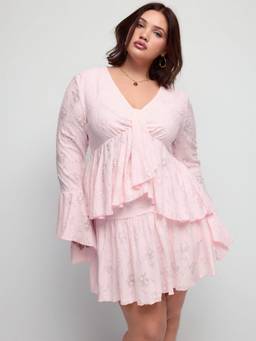 Cider - Lace Pointelle Women's V-Neck Bell Sleeve Skirt Set Pink