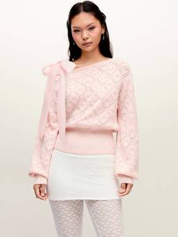 Cider - Knit Pointelle Women’s Asymmetrical Neck Puff Sleeve Top Pink