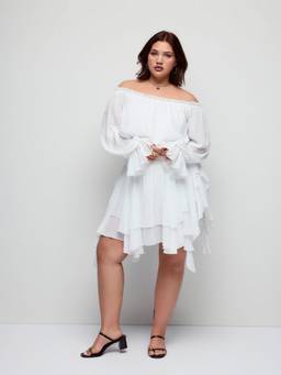 Cider - Off-Shoulder Women's Lantern Sleeve Ruffle Hem Mini Dress White