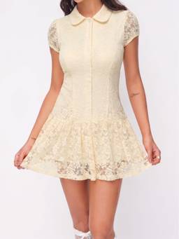 Cider - Floral Lace Women's Puff Sleeve Shirt Mini Dress Cream