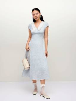 Cider - Striped Women's Peter Pan Collar Puff Sleeve Maxi Dress Blue