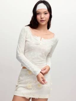 Cider - Jacquard Floral Women Lace Trim Scoop Neck Top Cream