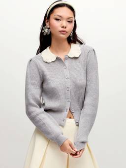 Cider - Knit Women's Button-Up Peter Pan Collar Cardigan Grey