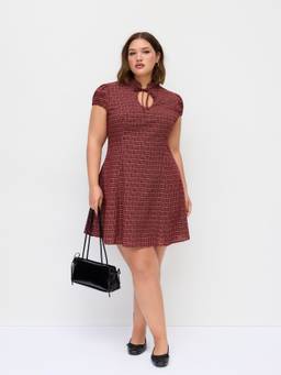 Cider - Tartan Cut-Out Women's Puff Sleeve Mini Dress Wine