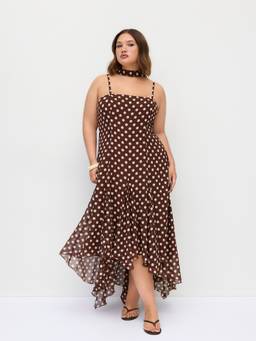 Cider - Polka Dot Women's Halter Neck Ruffled Hem Maxi Dress Brown