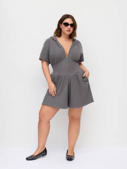 Cider - Textured Women's V-Neck Ruched Front Playsuit Dark Grey