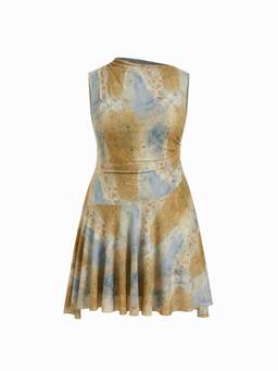 Cider - Mesh Women's Tie & Dye Floral Ruched Mini Dress Tan