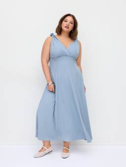 Cider - High Stretch Women's V-Neck Knotted A-Line Maxi Dress Baby Blue