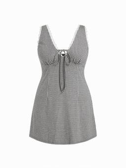 Cider - Gingham V-neck Lace Panel Women's Slim A-Line Mini Dress Black