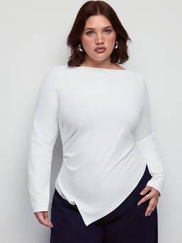Cider - Cotton Blend Women Ruched Asymmetrical Hem Tee White