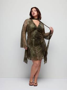 Cider - Mesh Abstract Women's Twist Knot Bell Sleeve A-Line Mini Dress Green