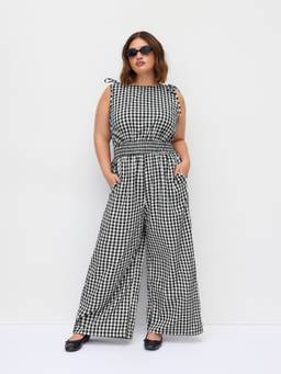 Cider - Cotton Gingham Women’s Boat Neck Drawstring Wide-Leg Jumpsuit Black