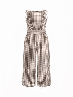 Cider - Cotton Gingham Women's Boat Neck Drawstring Wide-Leg Jumpsuit Brown
