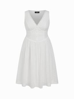 Cider - Cotton Blend Women's V-Neck Broderie Anglaise Midi Dress White