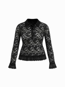 Cider - Lace Collar Women’s Floral Ruffle Hem Lace Top Black