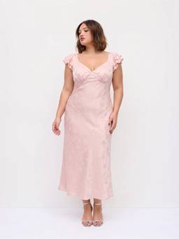 Cider - Jacquard Women's V-Neck Ruffled Maxi Dress Pink